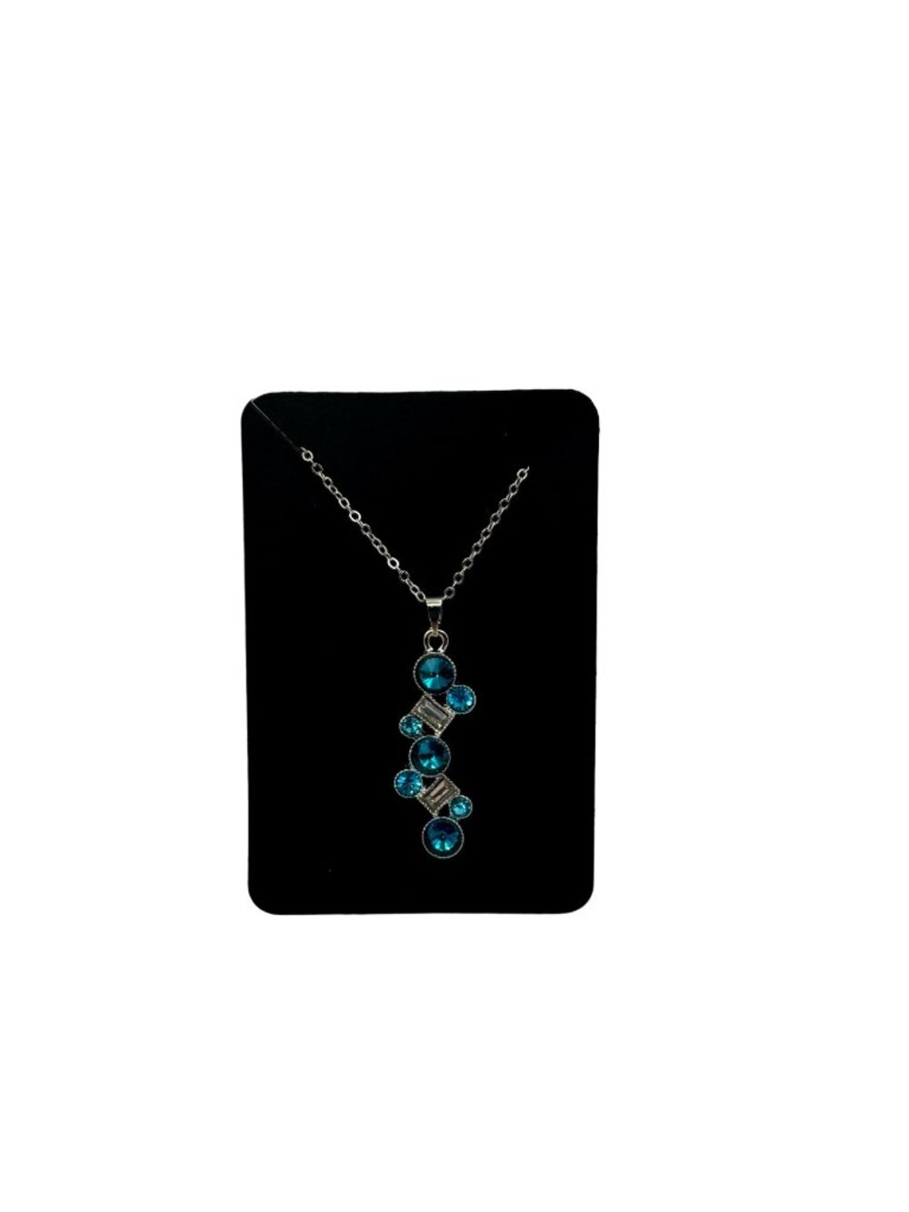 Silver Chain Necklace With Blue Rhinestone Pendant 18 - 21 inch chain
